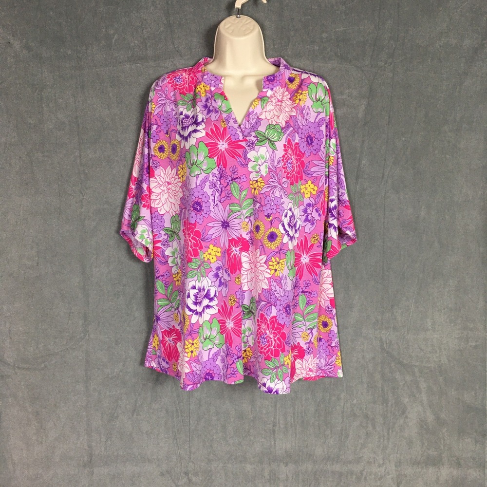 Dear Scarlett‎ Pink Purple Floral Blouse L Top Stretch Oversize Vacation Cruise